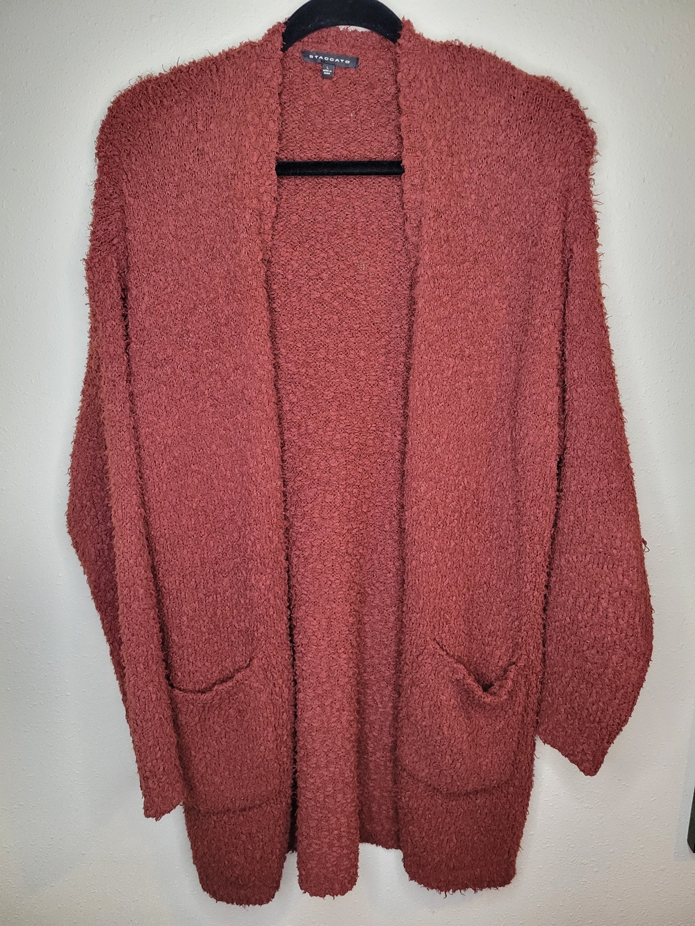 Staccato Rust-Colored Open-Front Bouclé Cardigan